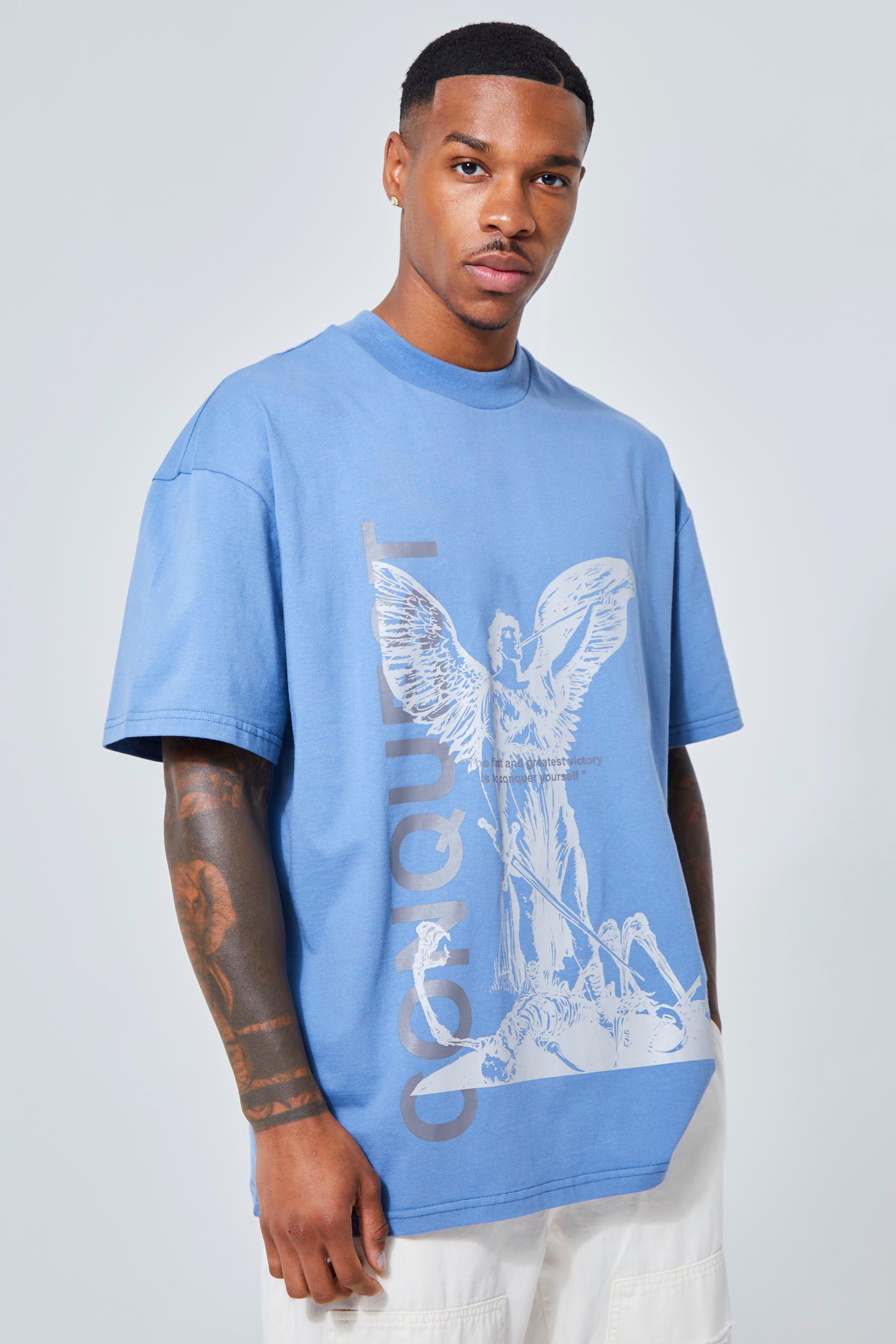 Mens Blue Oversized Heavy Conquest Renaissance T-shirt, Blue